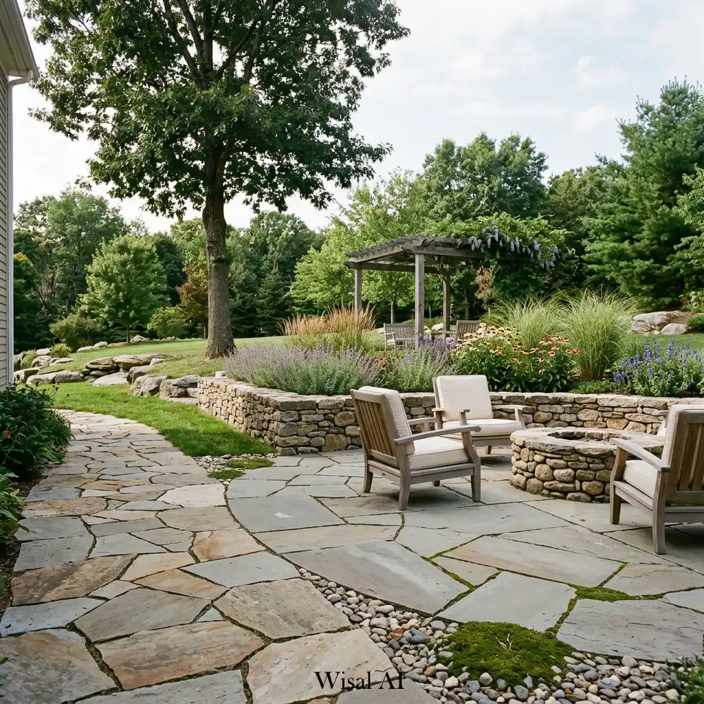 Backyard landscape featuring natural stone pathways, patios, and elegant garden design