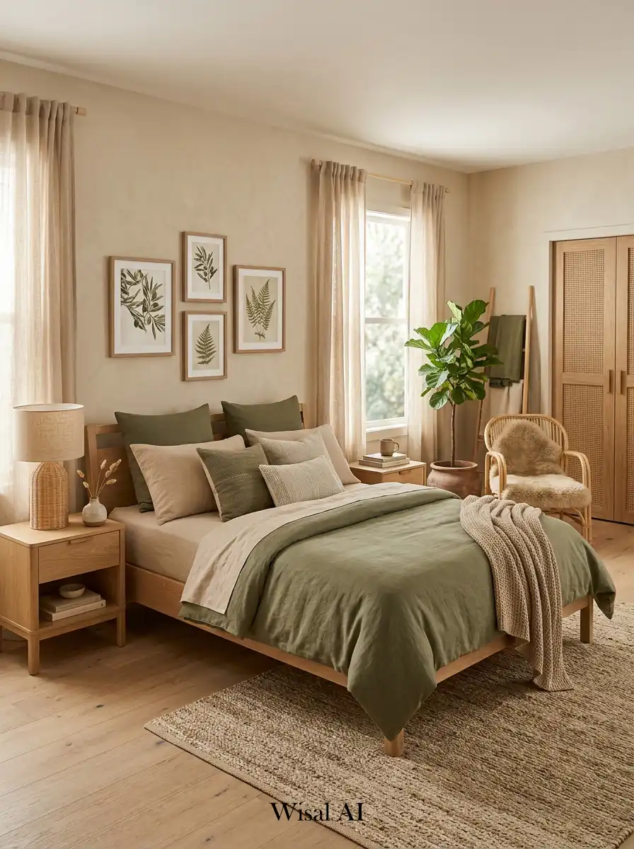 Natural bedroom design combining olive green and warm beige tones creating an organic balanced and calming interior environment.