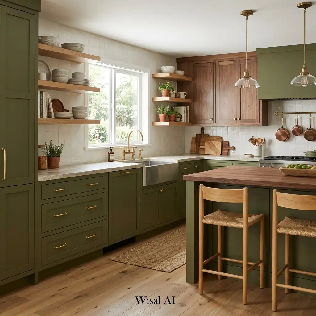 Olive green kitchen cabinetry paired with natural wood accents