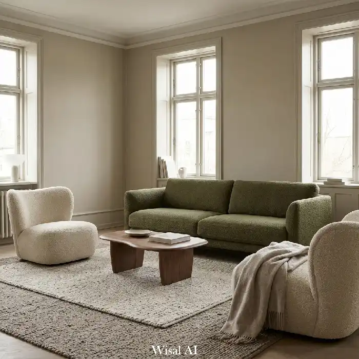 Olive green and bouclé living room with soft textures, curved furniture, and cozy luxury feel