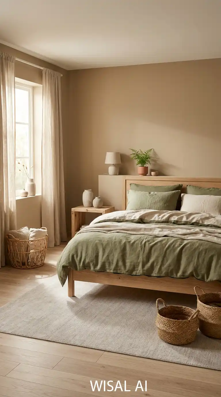 13. Organic Earth-Tone Bedroom with Green Linen Layers