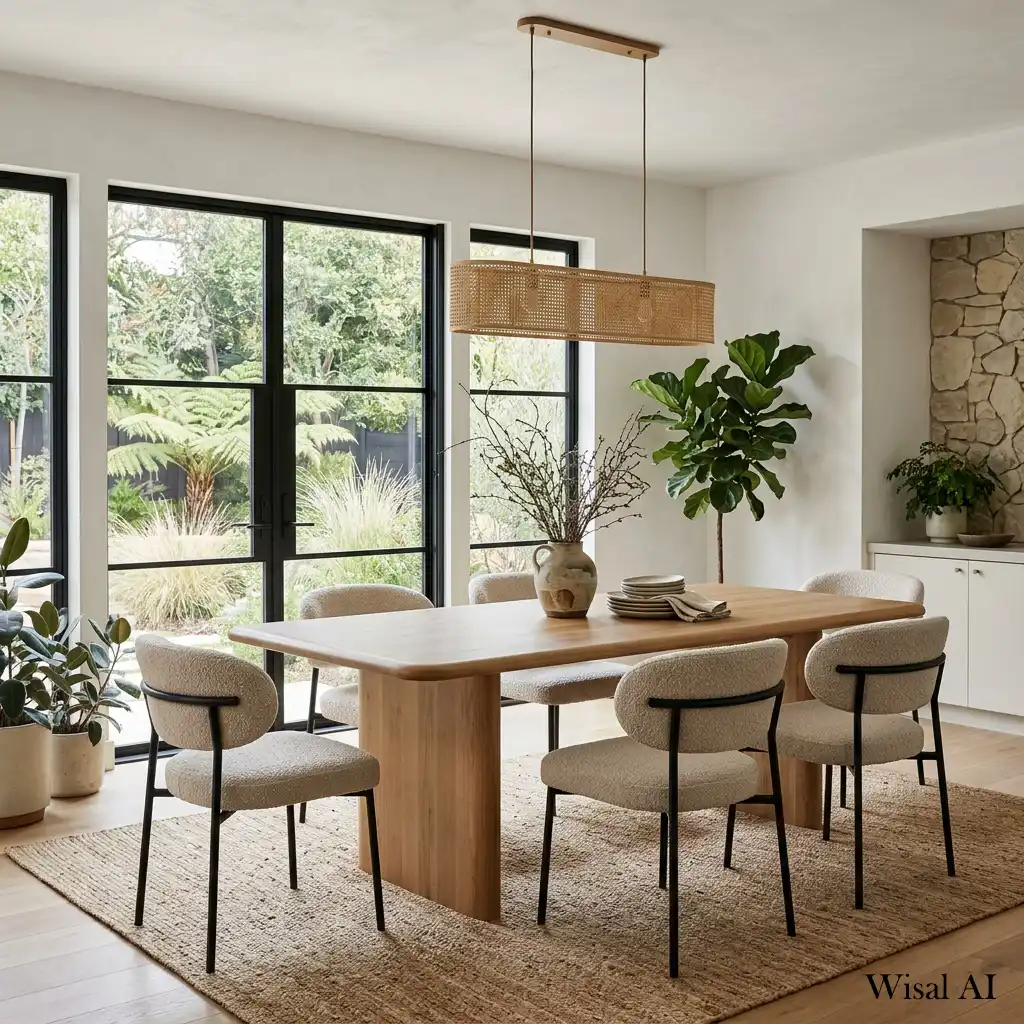 Organic modern dining room with natural wood, stone accents, and earthy tones