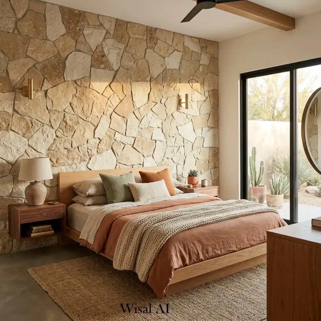 Natural stone accent wall in earthy bedroom