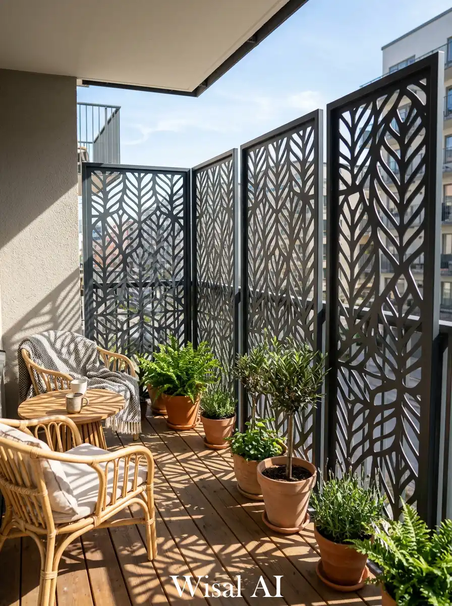 Decorative cut-out panels casting shadow patterns balcony