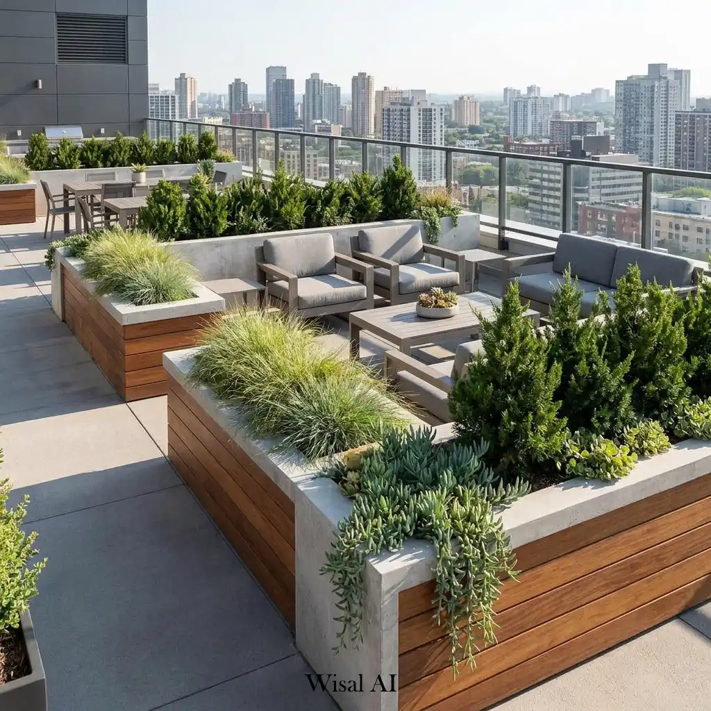Rooftop terrace with custom built-in planters and lush architectural landscaping
