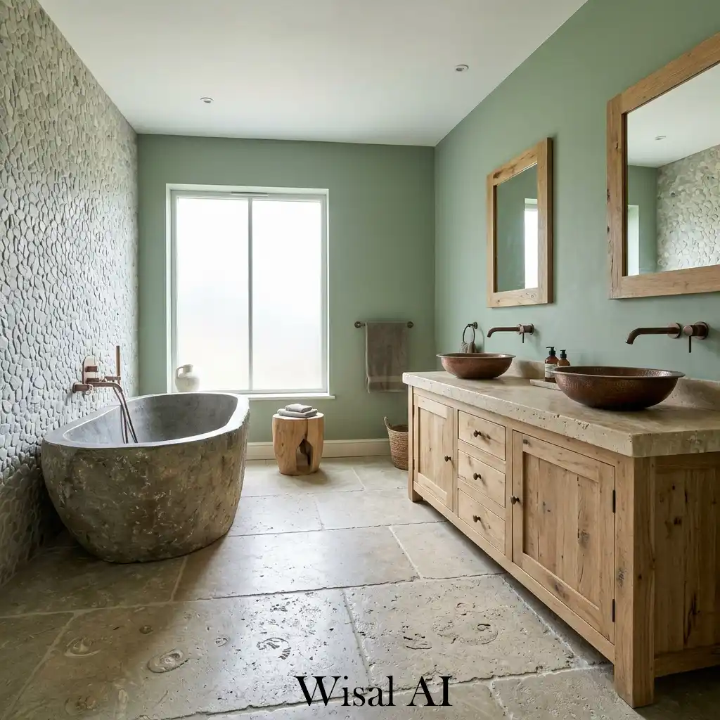 Natural stone and sage green luxury bathroom texture