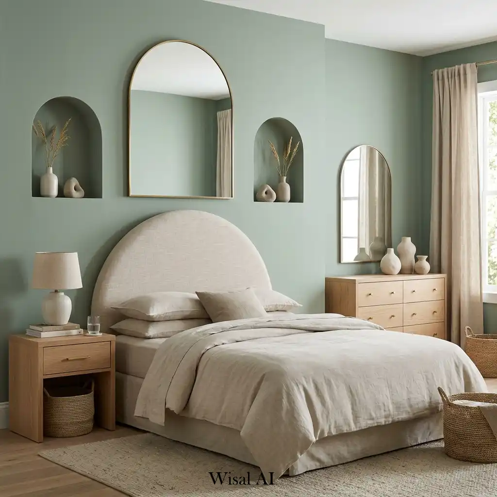 Sage green bedroom featuring white oak furniture and elegant arched design details.