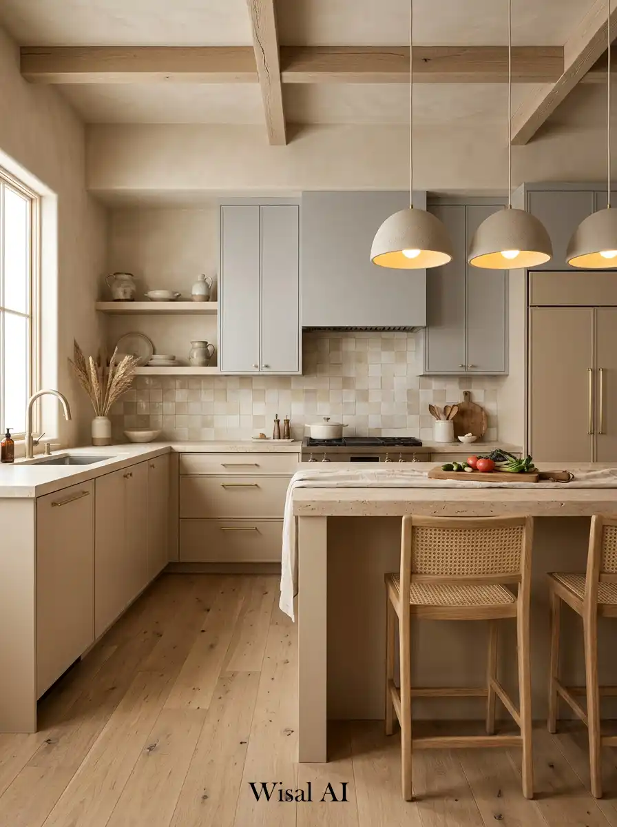 Earthy kitchen design with sand beige base and soft gray accents for balanced modern look.