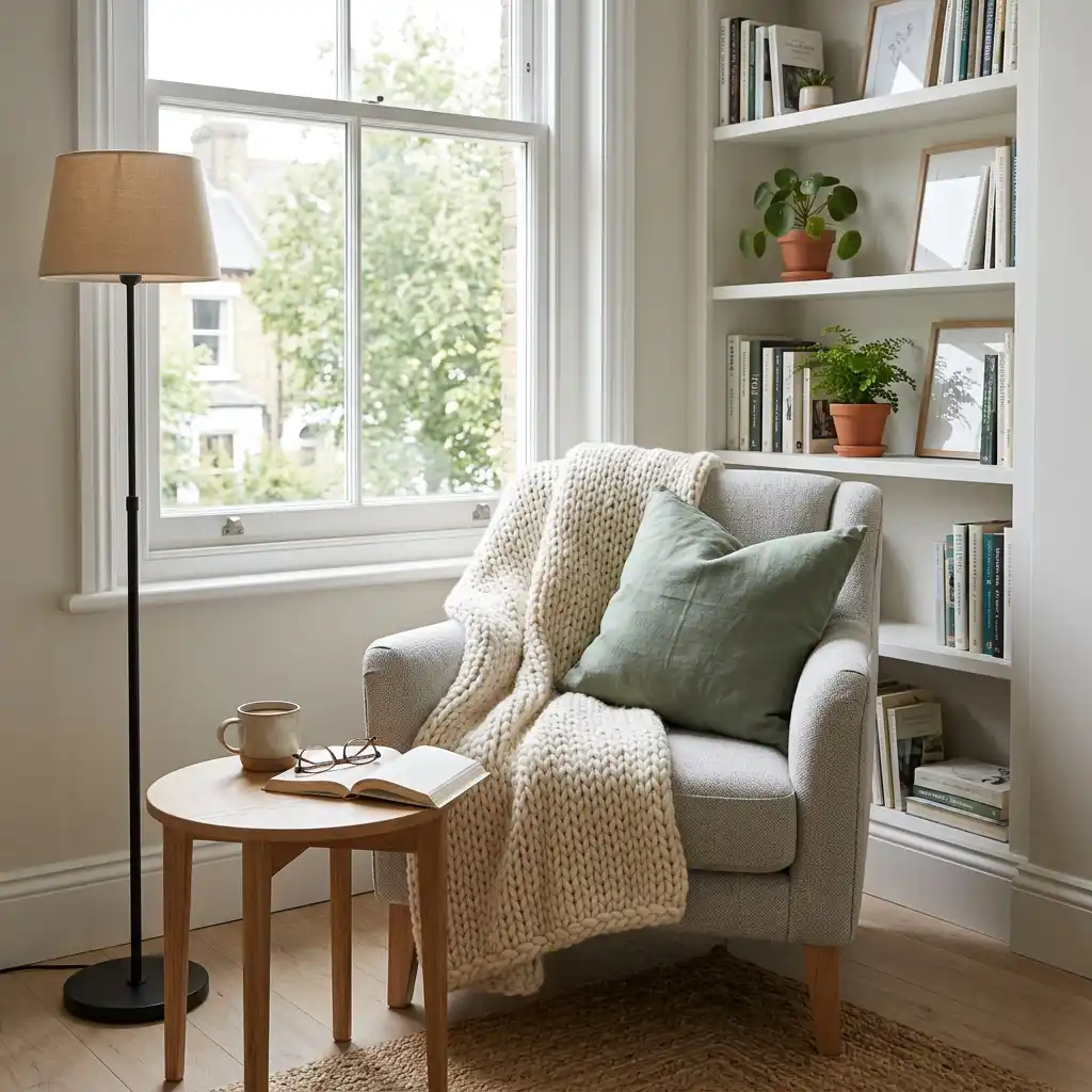Cozy reading corner with chair, blanket, and natural light