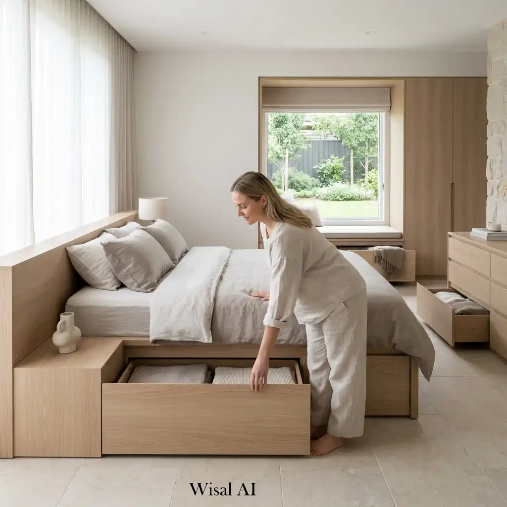 Hidden bedroom storage integrated into custom furniture and built-in cabinetry.