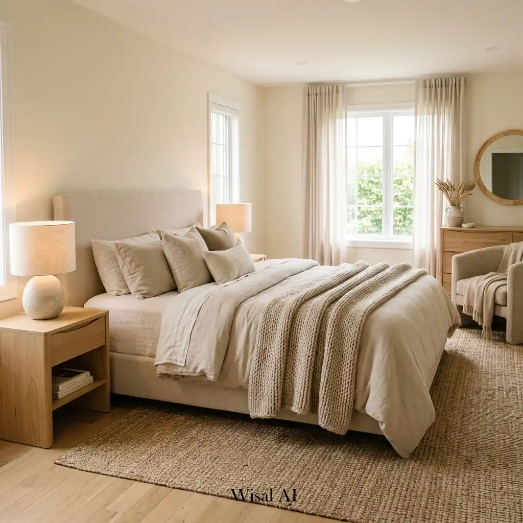 Soft beige master bedroom with calming neutral palette and natural textures
