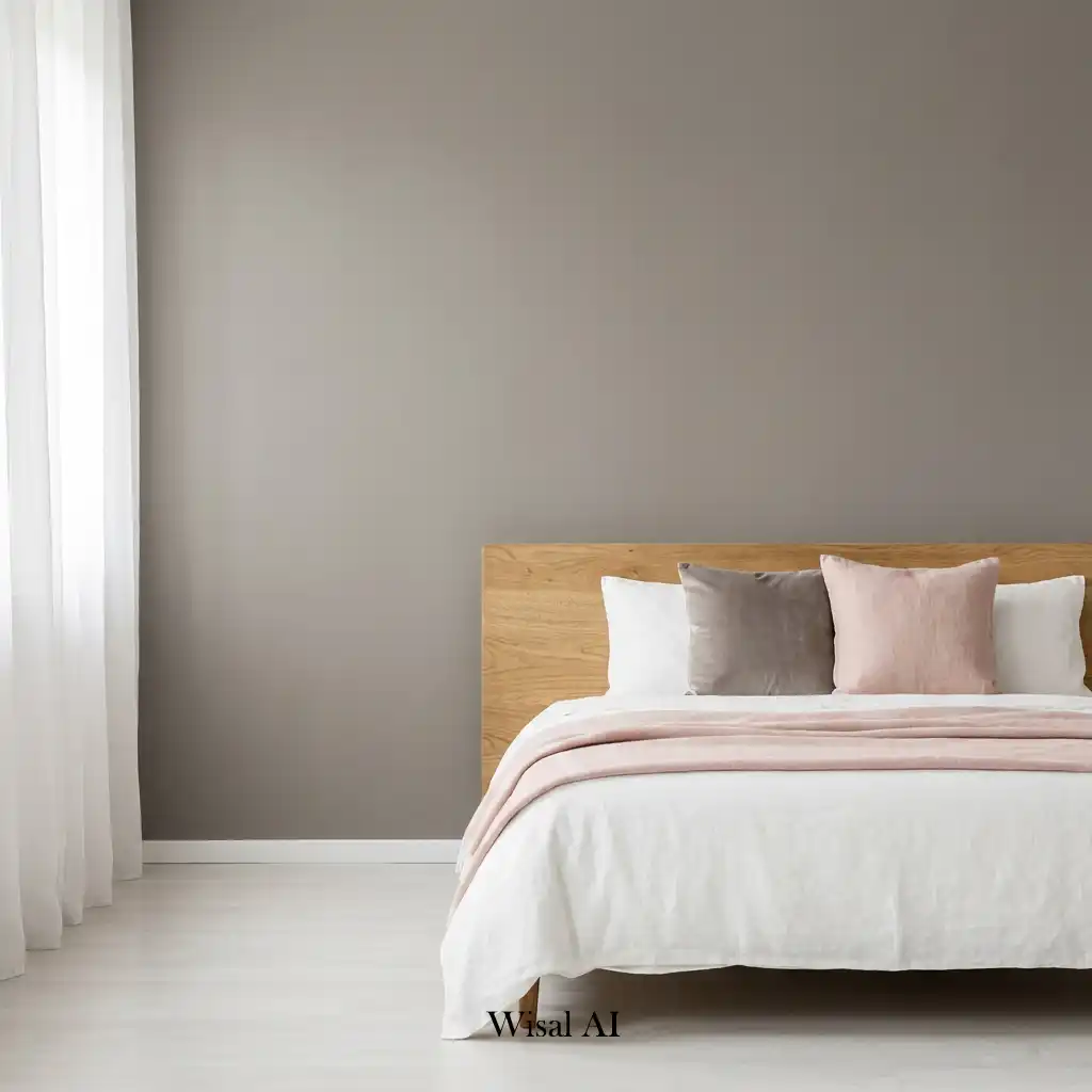 Sophisticated bedroom combining soft blush accents with warm gray interior tones.