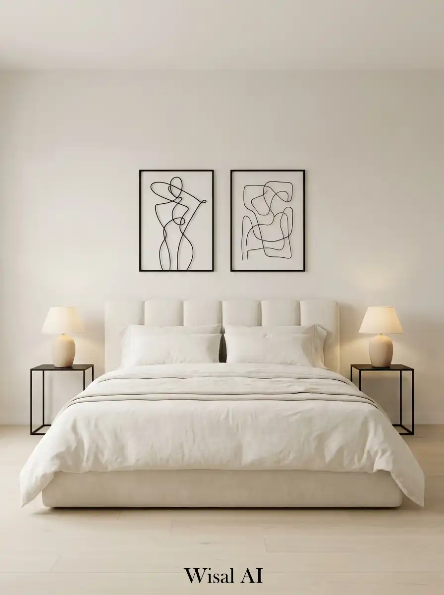 Minimal bedroom design combining ivory walls with black accents for soft modern contrast.