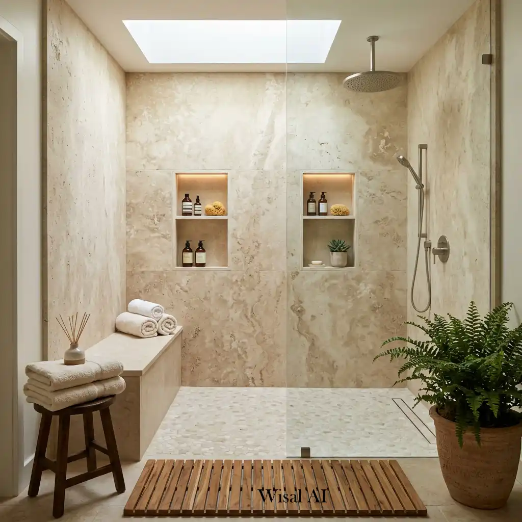 Spa-inspired walk-in shower featuring natural stone walls, a built-in bench, and soft ambient lighting.