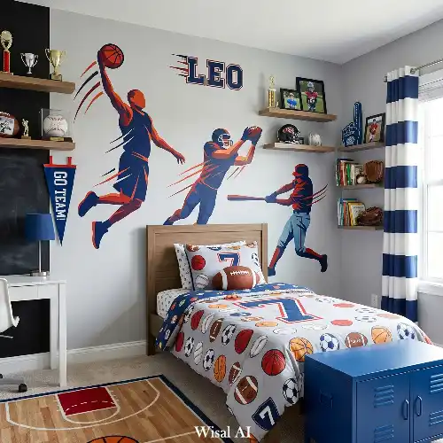 Sports themed kids bedroom with wall trophies, energetic colors, and athletic decor