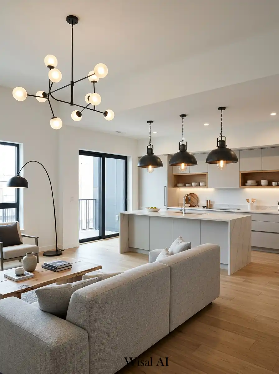 13. Statement Lighting Modern Open-Plan Kitchen and Living Room Idea