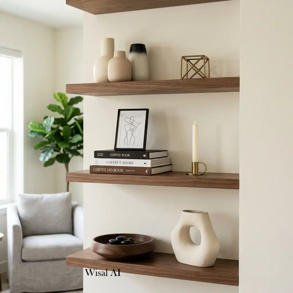 Designer living room with styled shelves and emerald green accessories.