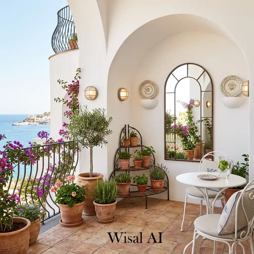 Arched Mediterranean balcony details with terracotta accents