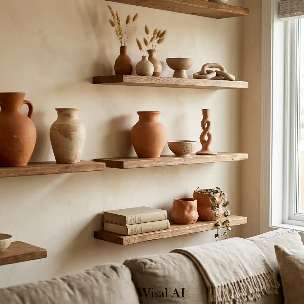 Minimal shelf styling with handcrafted terracotta pottery