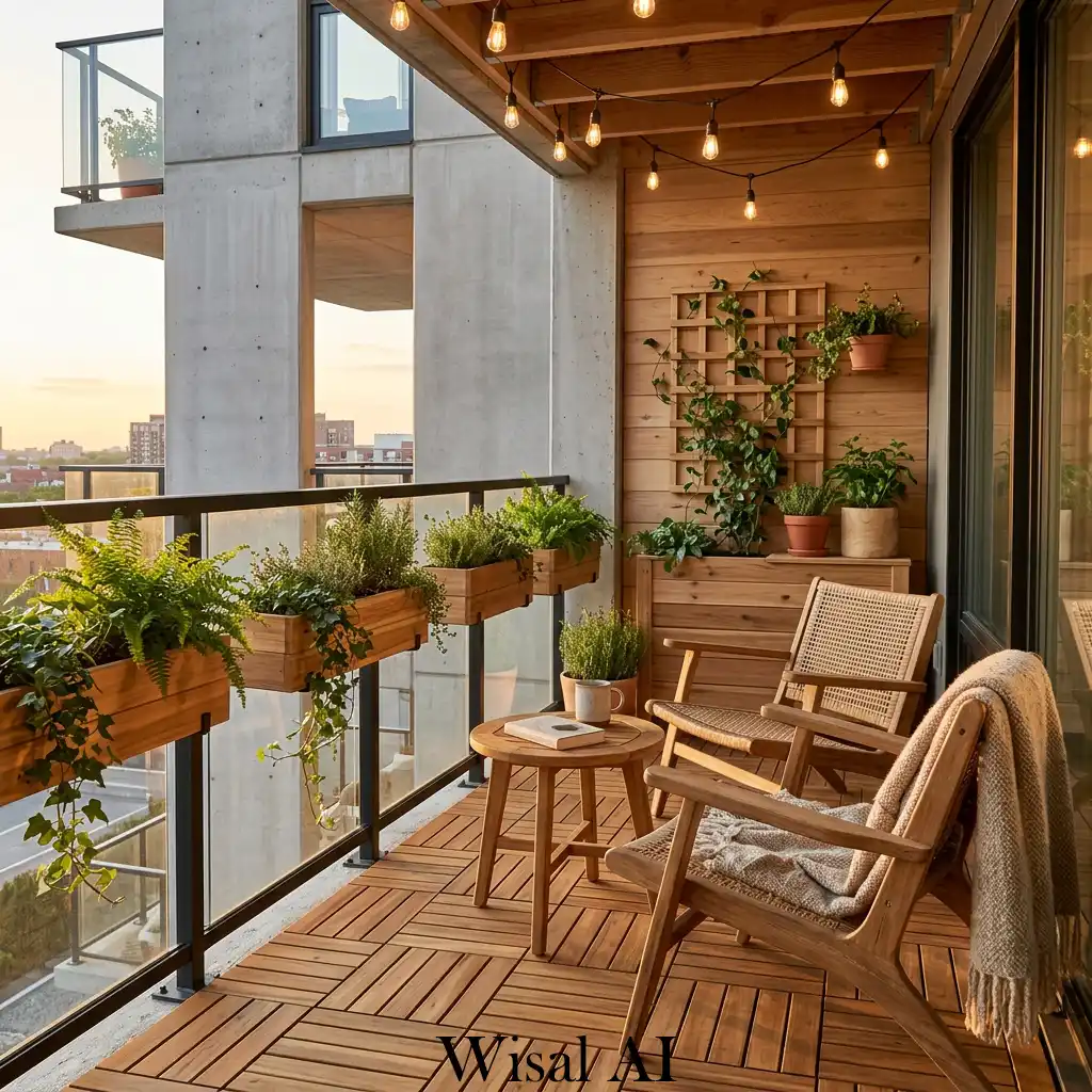 Warm wooden balcony design with natural textures and greenery