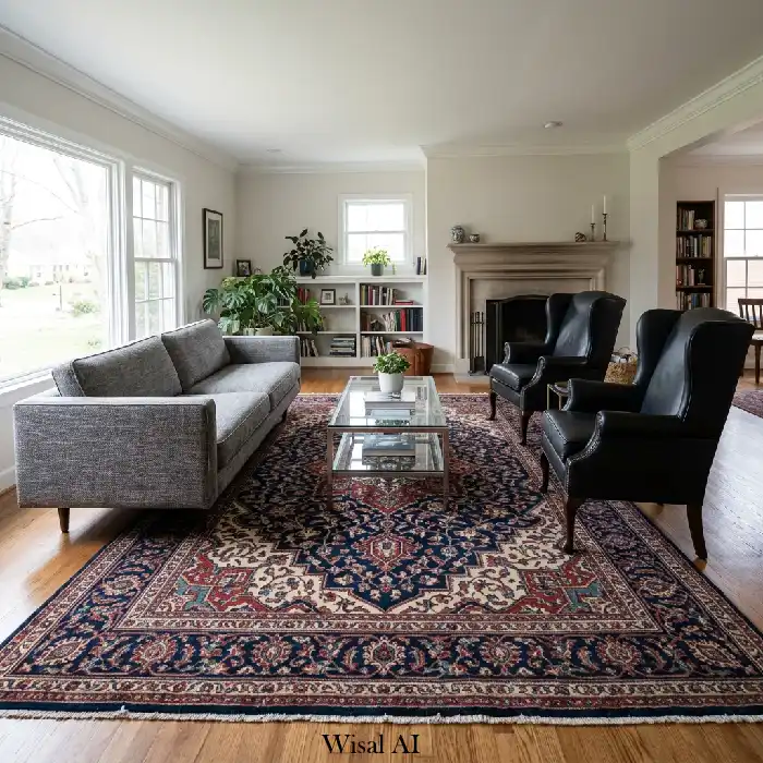Living room featuring modern artwork above traditional vintage console table
