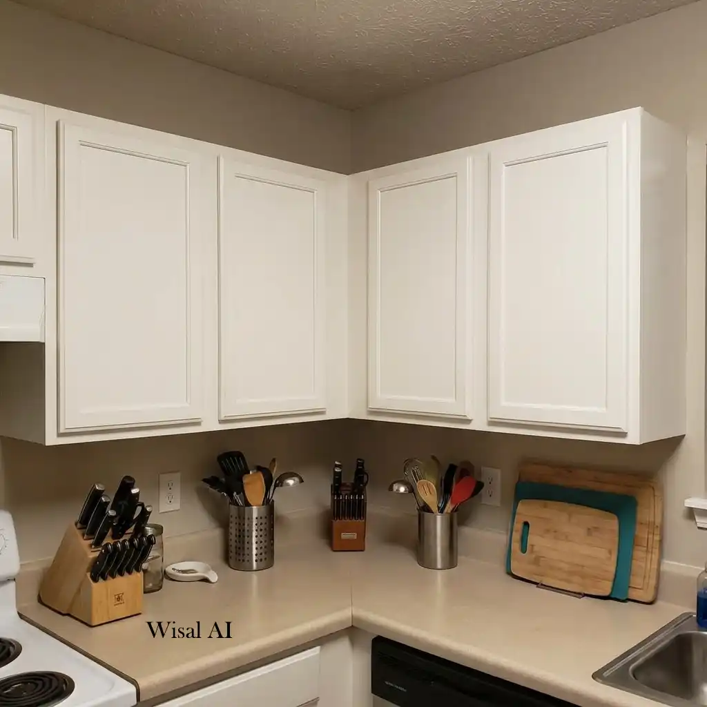 Modern kitchen maximizing vertical storage with full-height cabinets, floating shelves, and wall-mounted organizers.