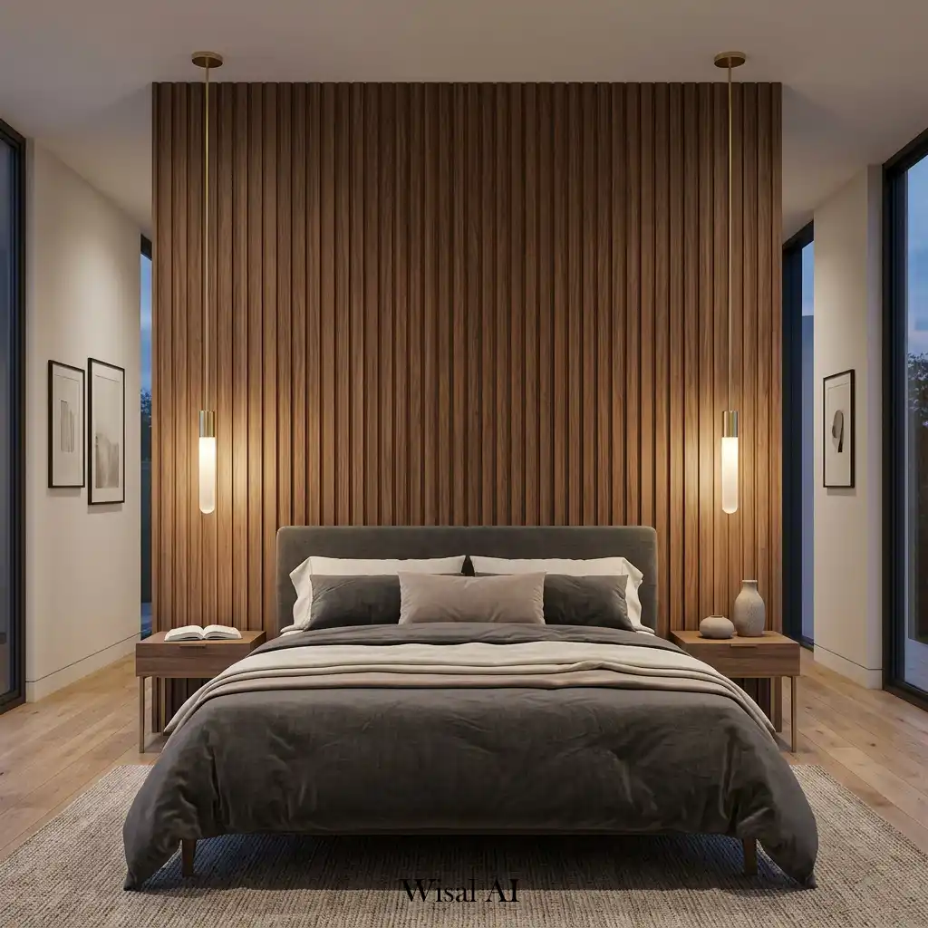 Vertical wood slat wall with modern floating pendant lights beside the bed.