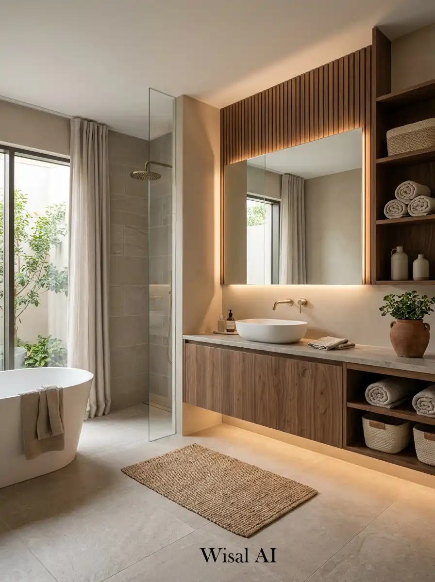 Organic modern bathroom featuring warm greige tones walnut wood textures and sophisticated spa-like interior design.