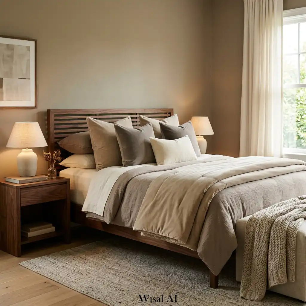 Warm neutral bedroom featuring walnut furniture and velvet layers