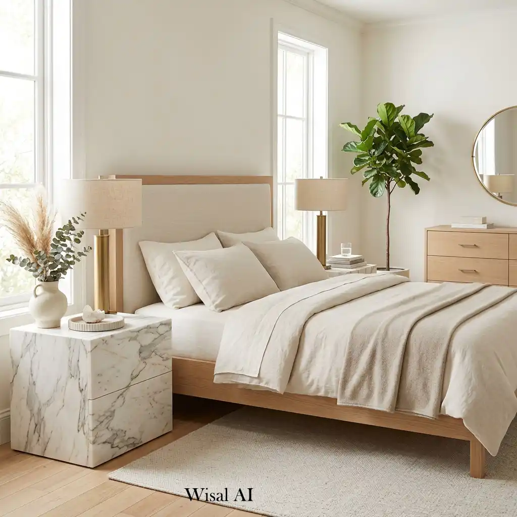 Luxury white oak bedroom with marble nightstands and brushed brass lamps.