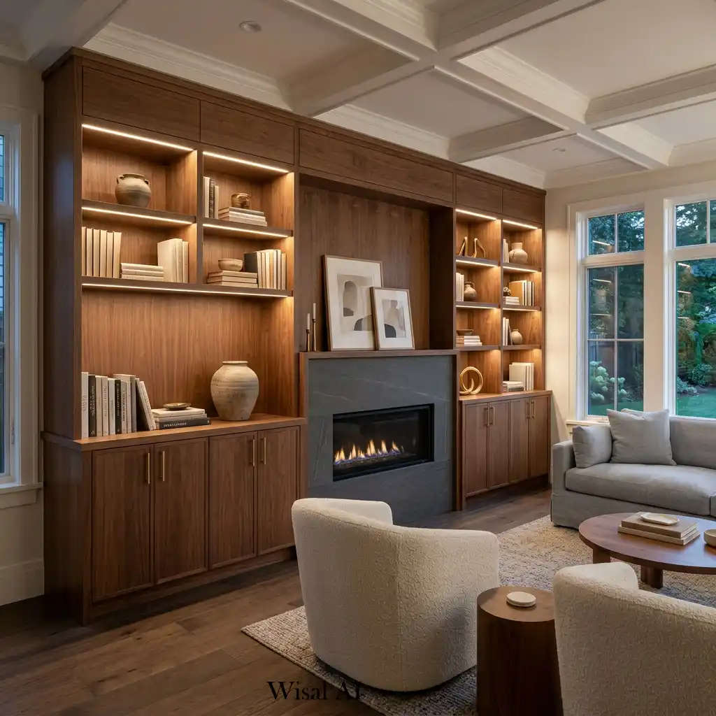 Custom built-in living room cabinet with illuminated shelving.