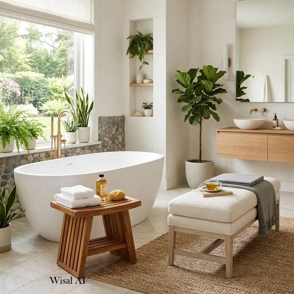 Spa-style bathroom with a wooden stool beside a freestanding bathtub, creating a comfortable and luxurious retreat.