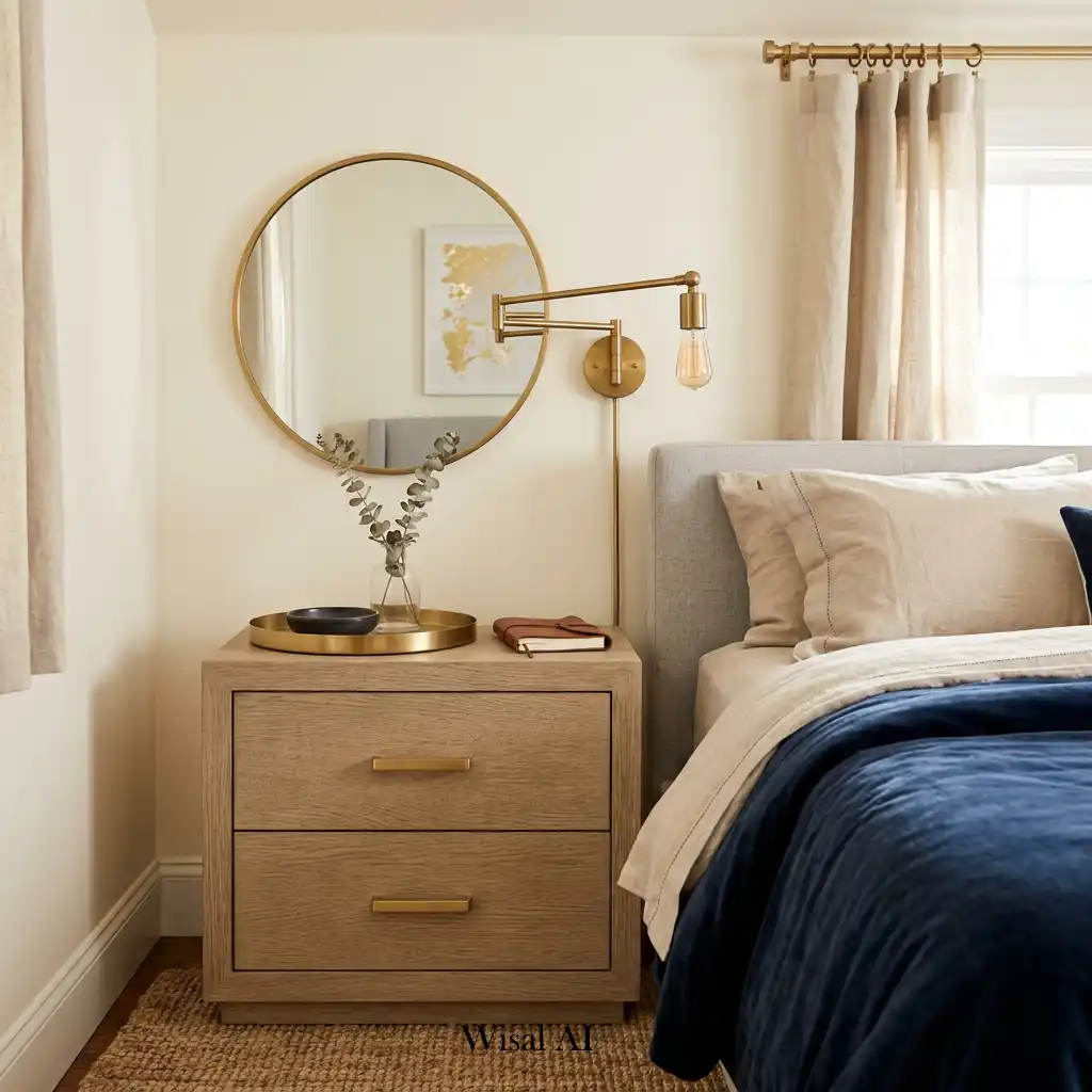 Elegant bedroom with brushed brass accents adding refined luxury and sophisticated character.