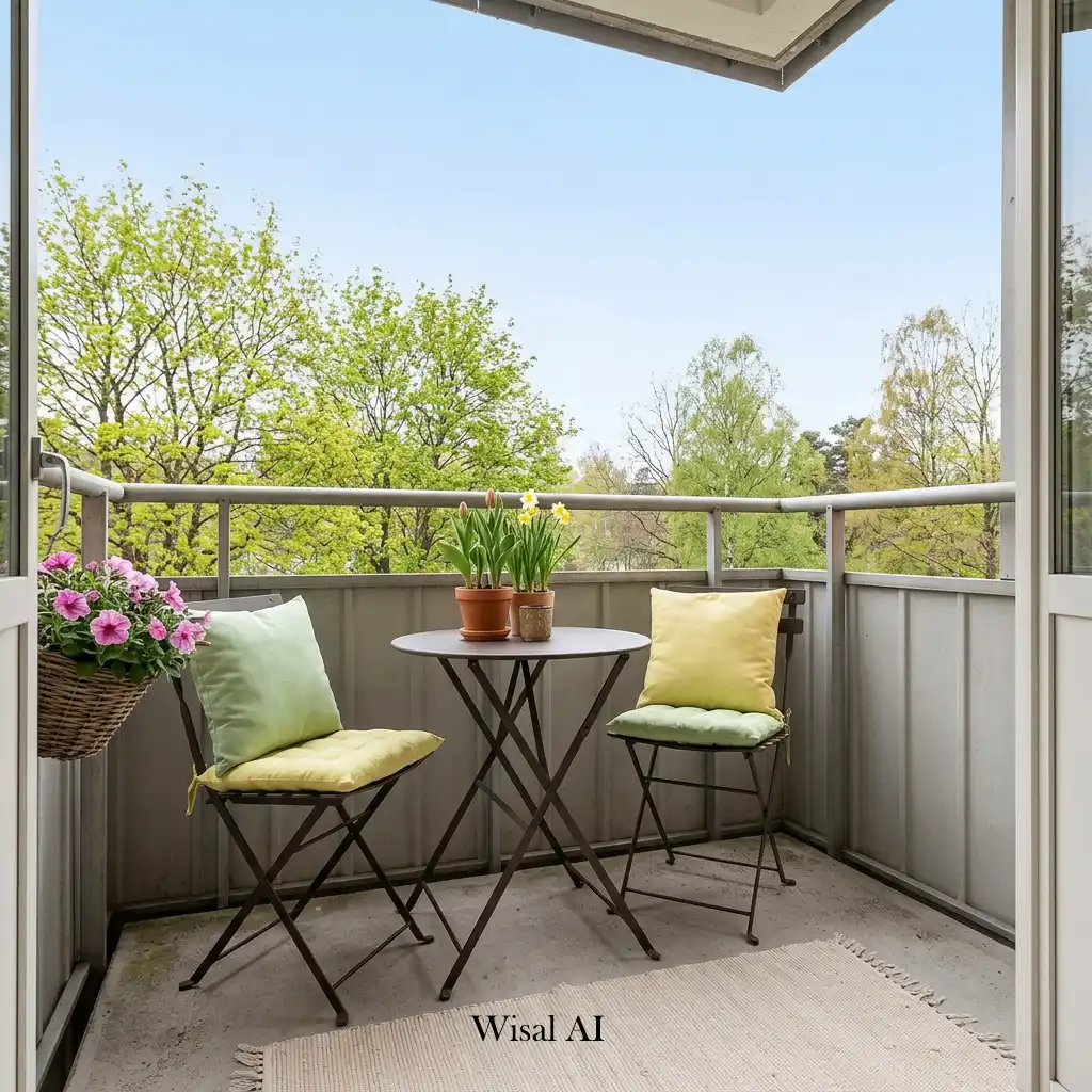 Seasonal balcony décor featuring cozy cushions, lanterns, and fresh outdoor decorative accents.