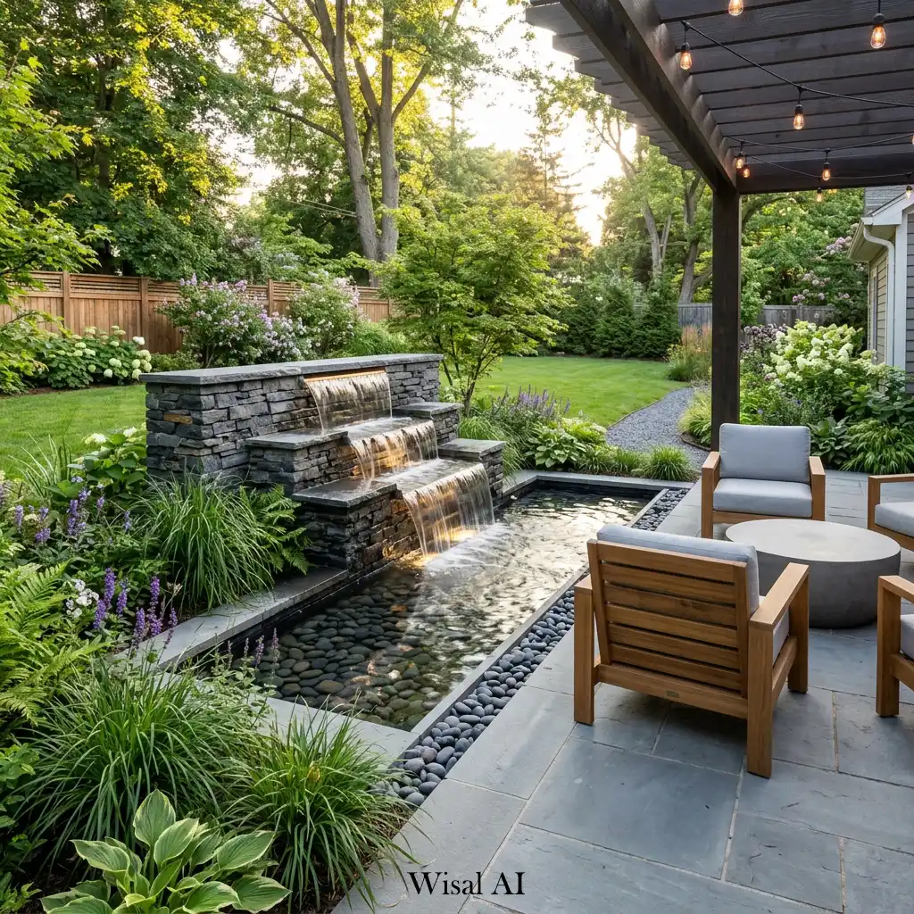 Modern backyard with decorative water feature creating a peaceful outdoor retreat