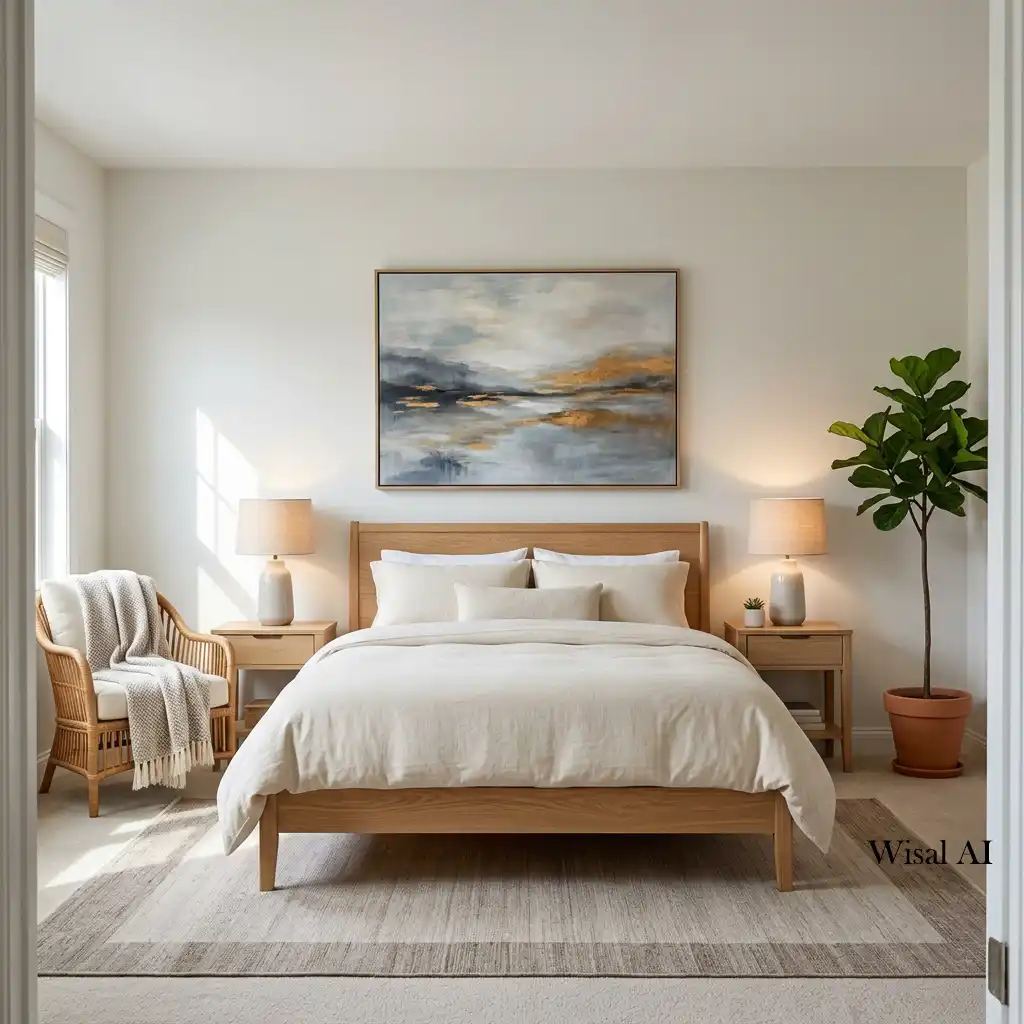 Balanced bedroom design with matching nightstands, coordinated lamps, and harmonious furniture placement.