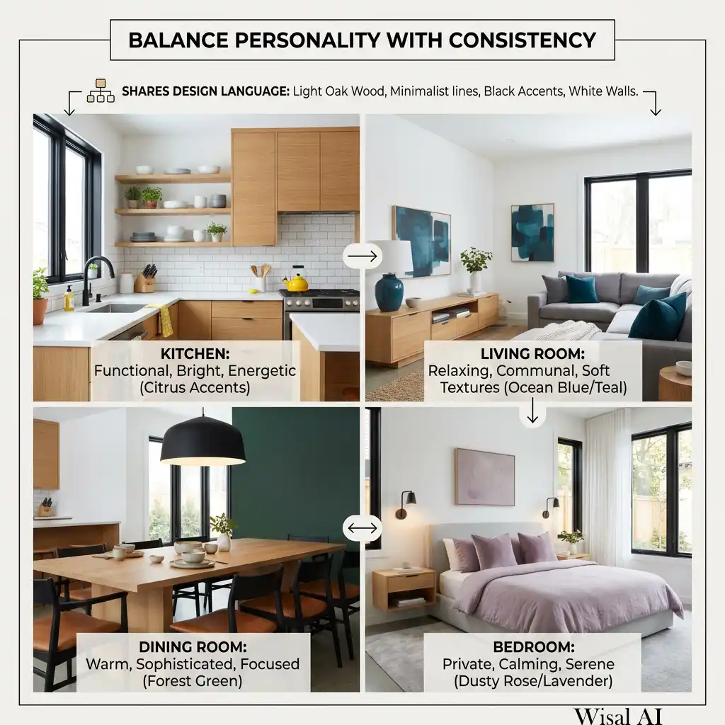 Luxury home balancing unique room personalities with a consistent interior design style.