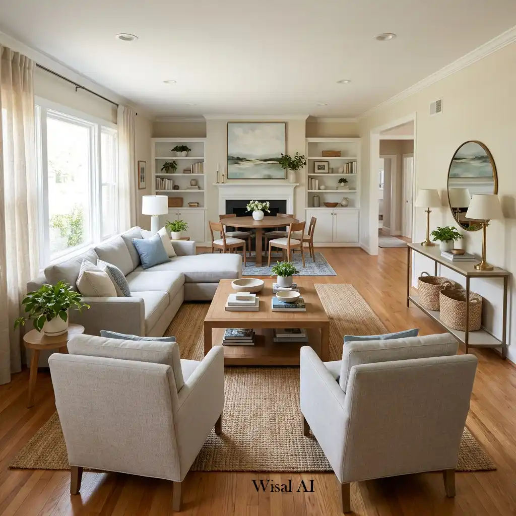 Spacious living room with a balanced furniture layout allowing comfortable movement and visual harmony.