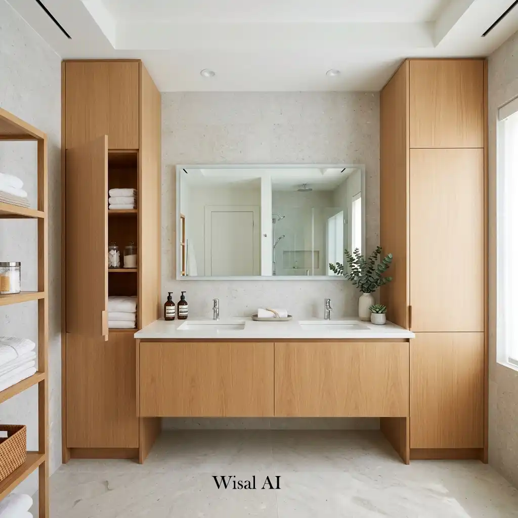 Bathroom vanity with floor-to-ceiling storage cabinets and minimalist design.