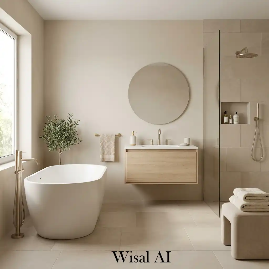 Beige bathroom with brushed gold luxury accent details