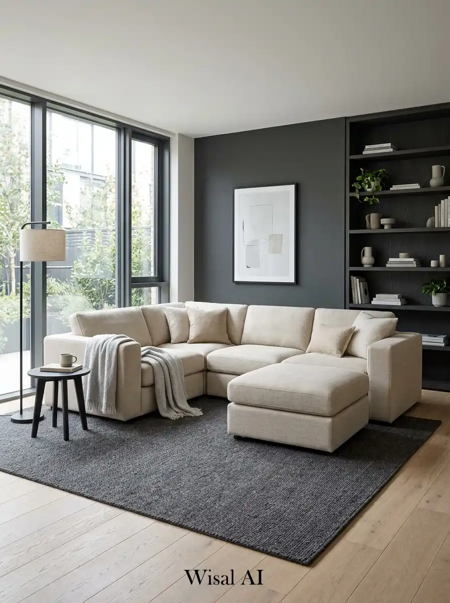 Industrial style living room with charcoal concrete beige soft textures and modern luxury interior design.