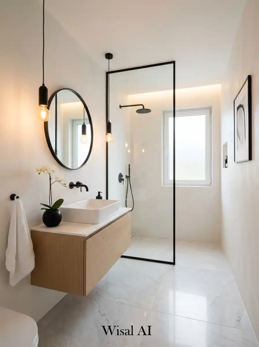 Modern black accent luxury bathroom with warm lighting and refined contrast