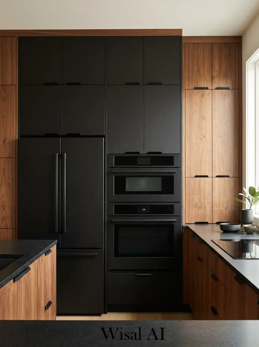 Modern kitchen with black appliances wooden cabinetry and seamless luxury interior composition.