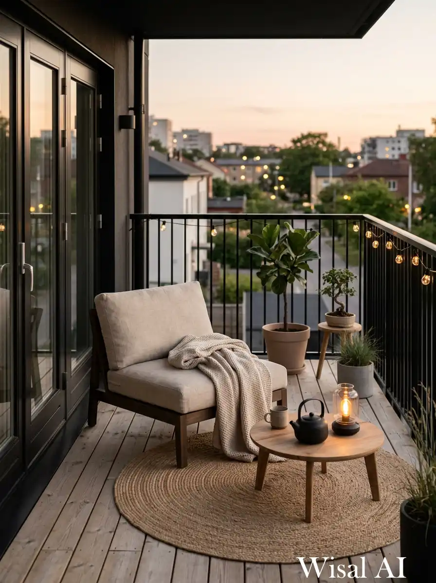 Minimal black balcony blending Japandi design elements with natural wood, linen textures, and soft tones.