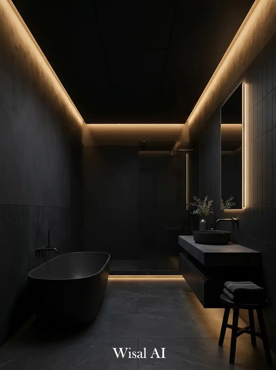 Modern bathroom with black tones and dramatic ceiling LED lighting effects.