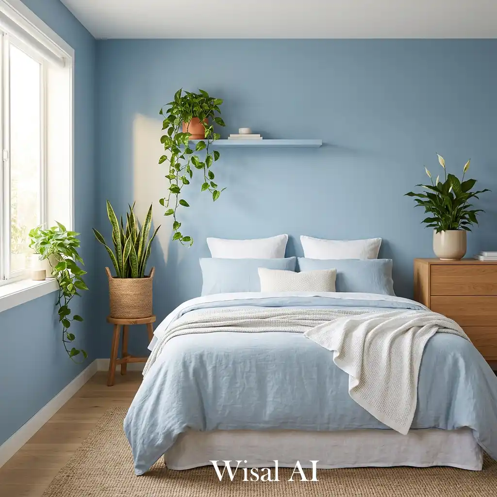 Elegant blue bedroom with metallic gold and luxury details
