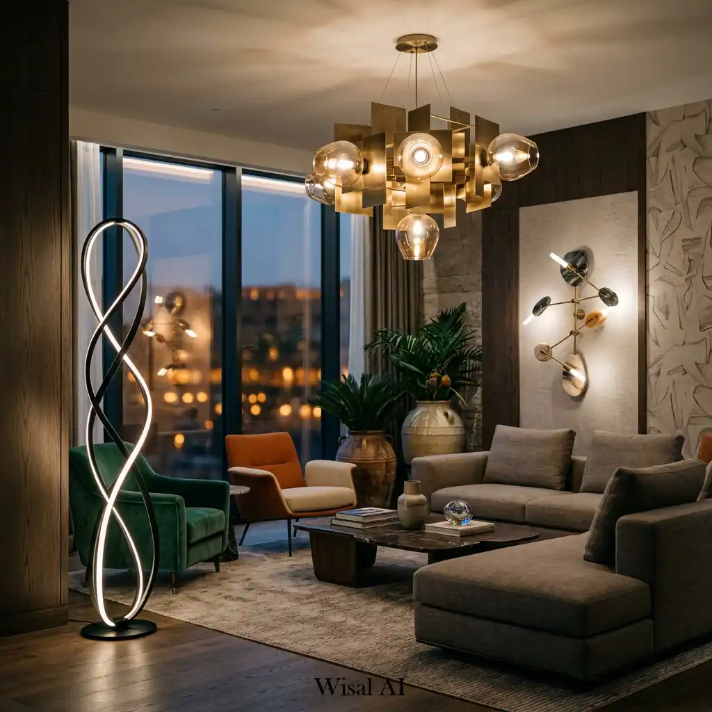 Luxury living room featuring artistic statement lighting fixtures