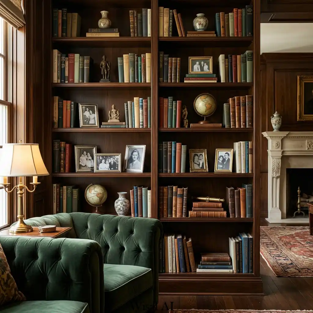 Built in bookshelves creating a collected old money look