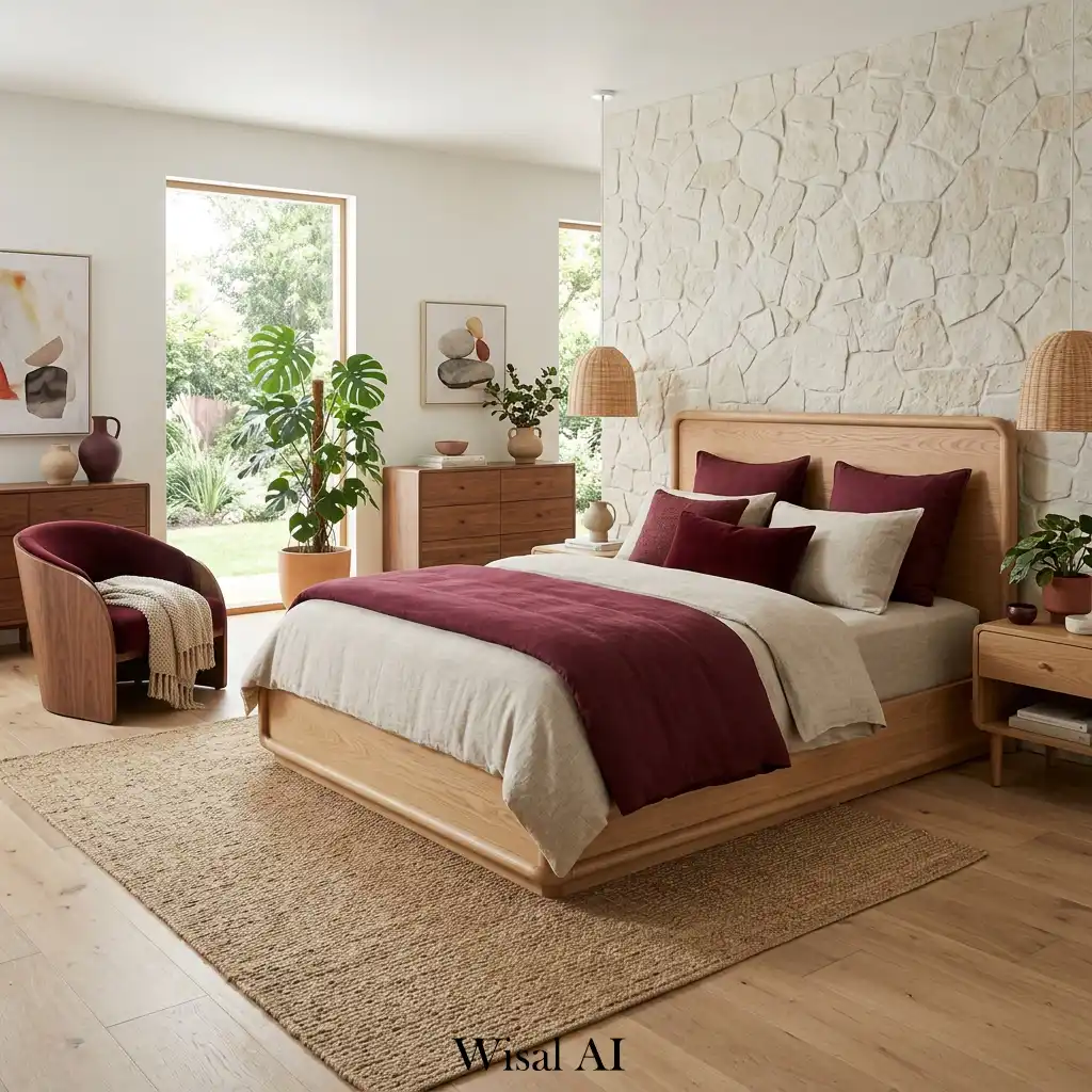 Organic modern bedroom with burgundy accents and natural wood textures