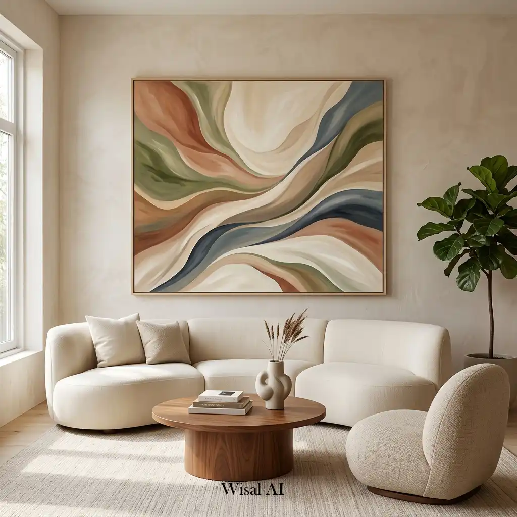 Oversized abstract artwork above a curved sofa in an elegant modern living room.